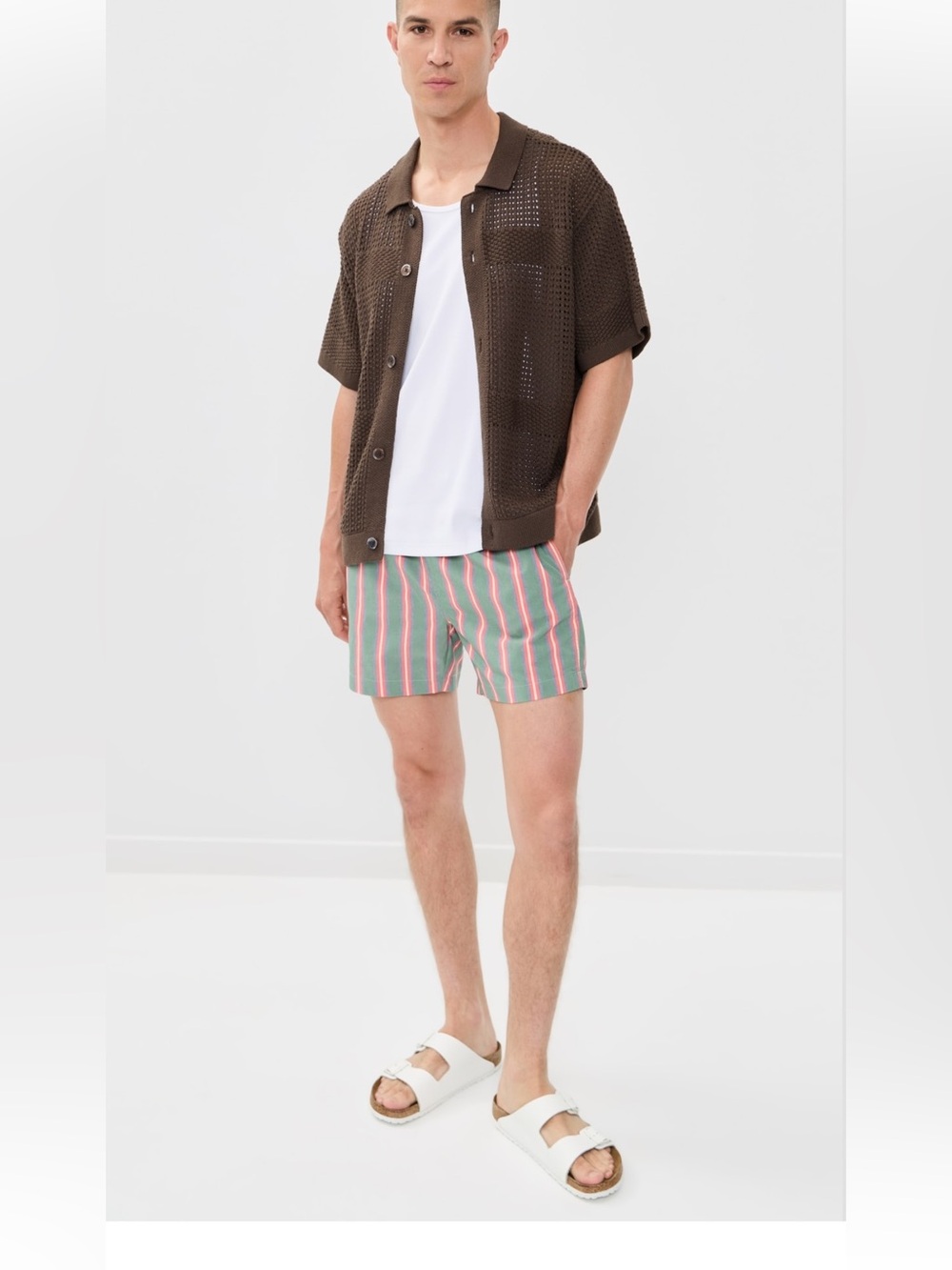 Onia Men's Striped Swim Board Shorts in Coral & Teal on Charcoal